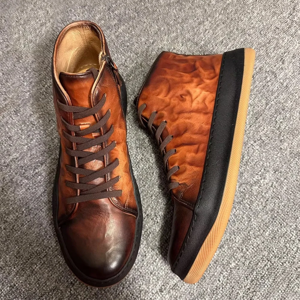 

QHCCID Retro High-Top Men's Boots Cowhide Leather Handmade Casual Ankle Shoes Quality Superior Men's Footwear