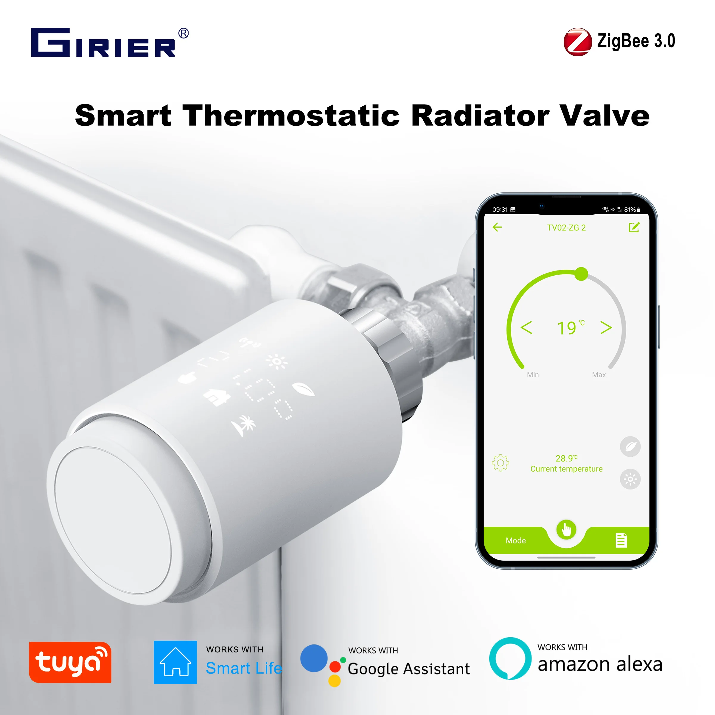 

GIRIER TRV Smart Thermostatic Radiator Valve Tuya ZigBee Radiator Actuator Programmable Temperature Controller Works with Alexa