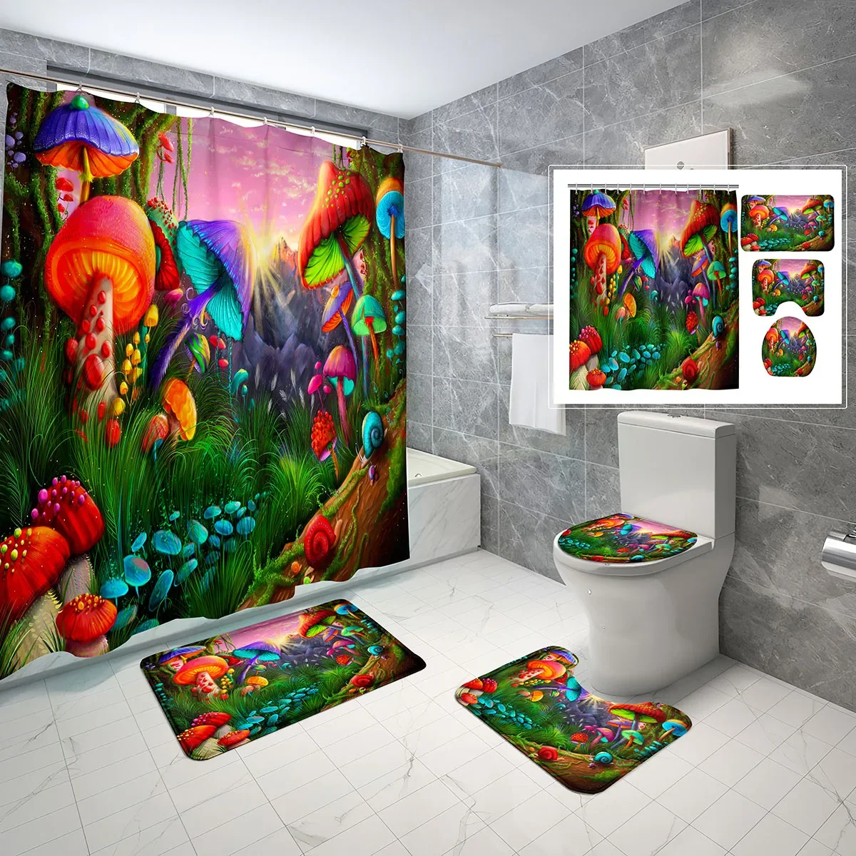 

4 PCS Psychedelic Mushroom Shower Curtain Set Enchanted Fairy Tale Bathroom Decor Bath Mat Shower Curtain Toilet Cover Set