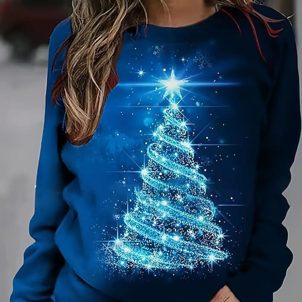 Colorful Christmas Tree Print Long Sleeved High-quality Top Comfortable And Casual Women\'s Top For Autumn And Winter Breaks