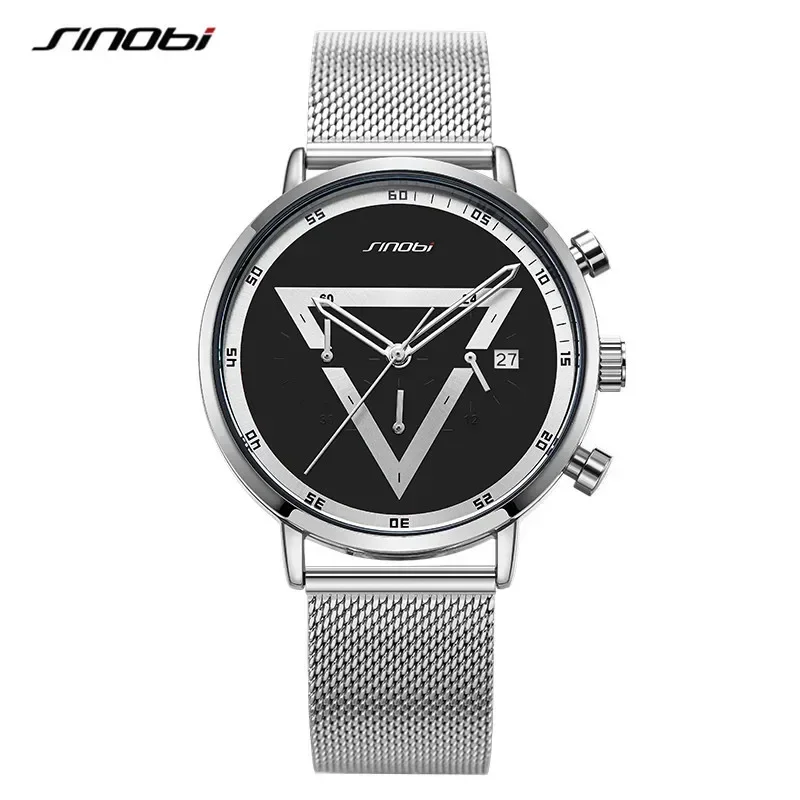 

2025Мужские часы, мужские креативные часы с перевернутым треугольником, стальной сетчатый ремень, многофункциональные маленькие мужские часы с тремя контактами 9830