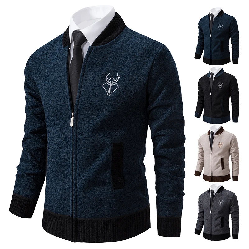 

Men'sSweater Cardigan Knitted Korean Style Long Sleeve Fleece Warm Overcoat Baseball Jumper New Wool Sweatercoat Men Clothing