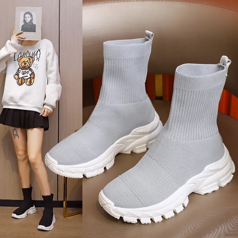 Knit Socks Boots Women Fashion Boots Sports Platform Shoes Chelsea Slip-on Casual Shoes Woman 2022 New Ladies Loafers Sneakers