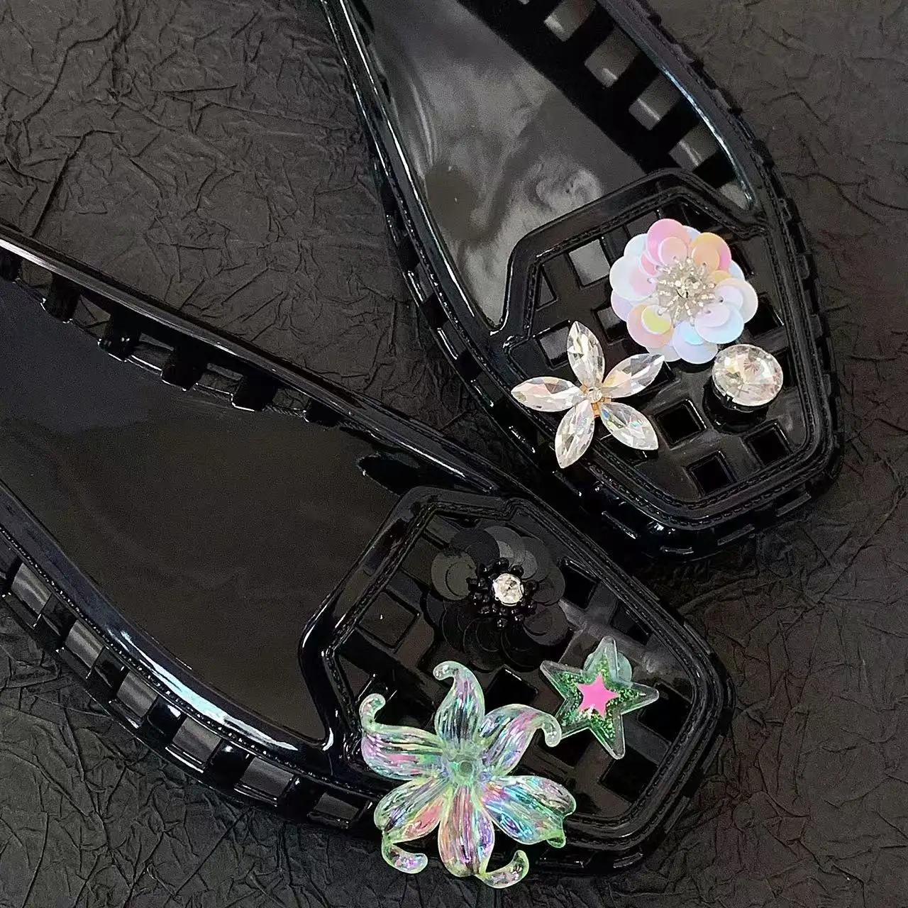Jelly Crystal Shoes for Women, Summer Square-Toed Women's Shoes, Rainstone Flower Set Accessories, Crystal Clogs, Sandals, Jelly Shoes, Slip-On Slippers view 4