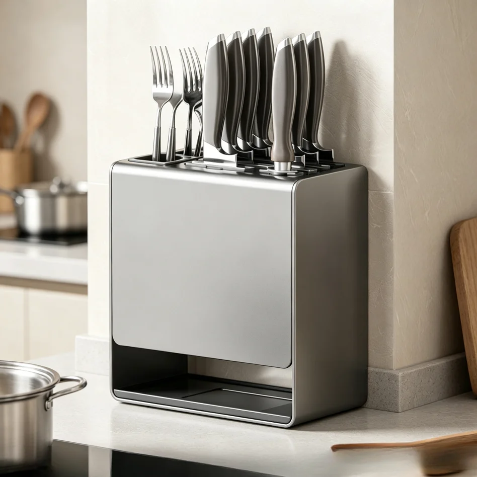 Countertop & Wall Mount Gray Kitchen Rack Integrated Knife Chopstick Dual Purpose Storage Holder