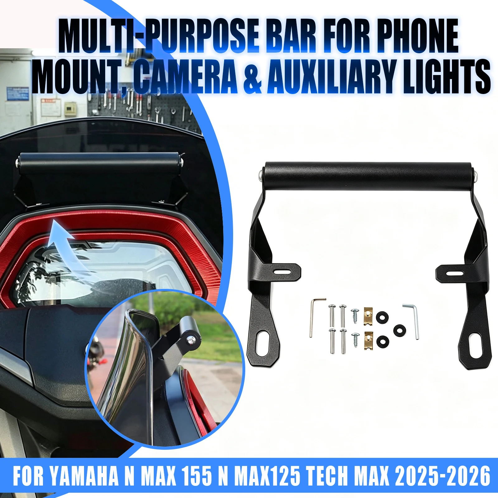 Motorcycle GPS Phone Navigation Holder Extension Bracket 16cm 12MM 22MM Tube Mount For Yamaha NMAX155 2025-2026