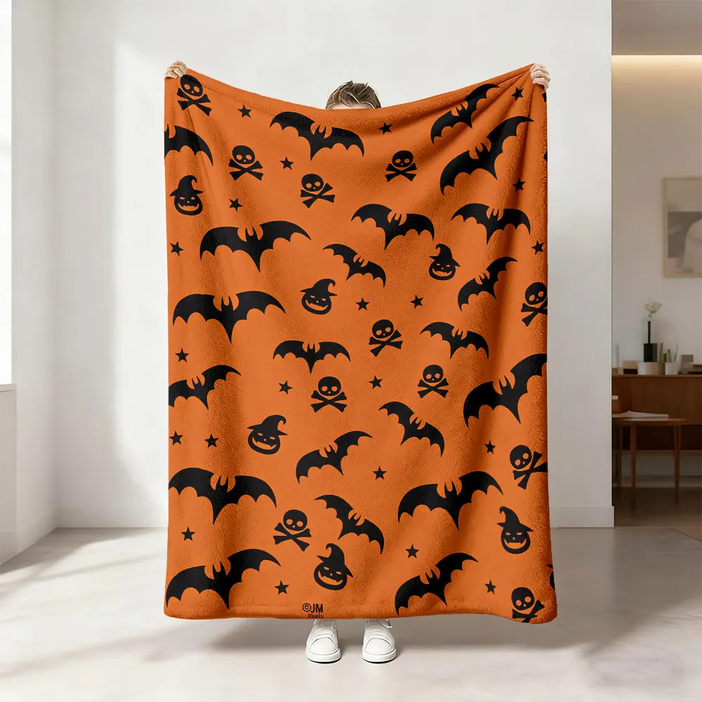 1pc Halloween Bat Skeleton Pumpkin Print Flannel Throw Blanket Soft Cozy For Lunch Break Leisure Sofa Bed Home Holiday Gift