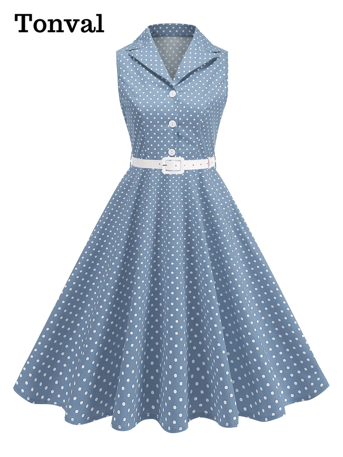 Tonval Notched Collar Sleeveless Summer Polka Dot Women Dress with Belt Button-Up Vintage Clothing Elegant Flare Hem Dresses