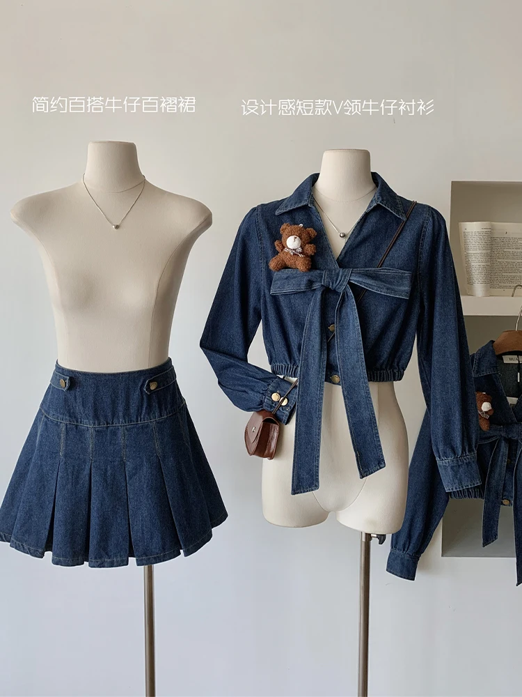 Women\'s Blue Denim Skirt Sets 90s Vintage Long Sleeve Jeans Jacket with A-Line Mini Skirts Y2k Two Piece Suit 2000s Clothes 2024