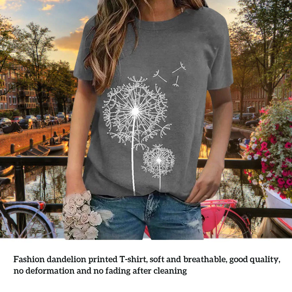 Damskie koszulki z krótkim rękawem z nadrukiem dmuchawca, styl pleated, letnie t-shirty, odzież unisex, dodatek modowy, ciemnoszary, rozmiar S