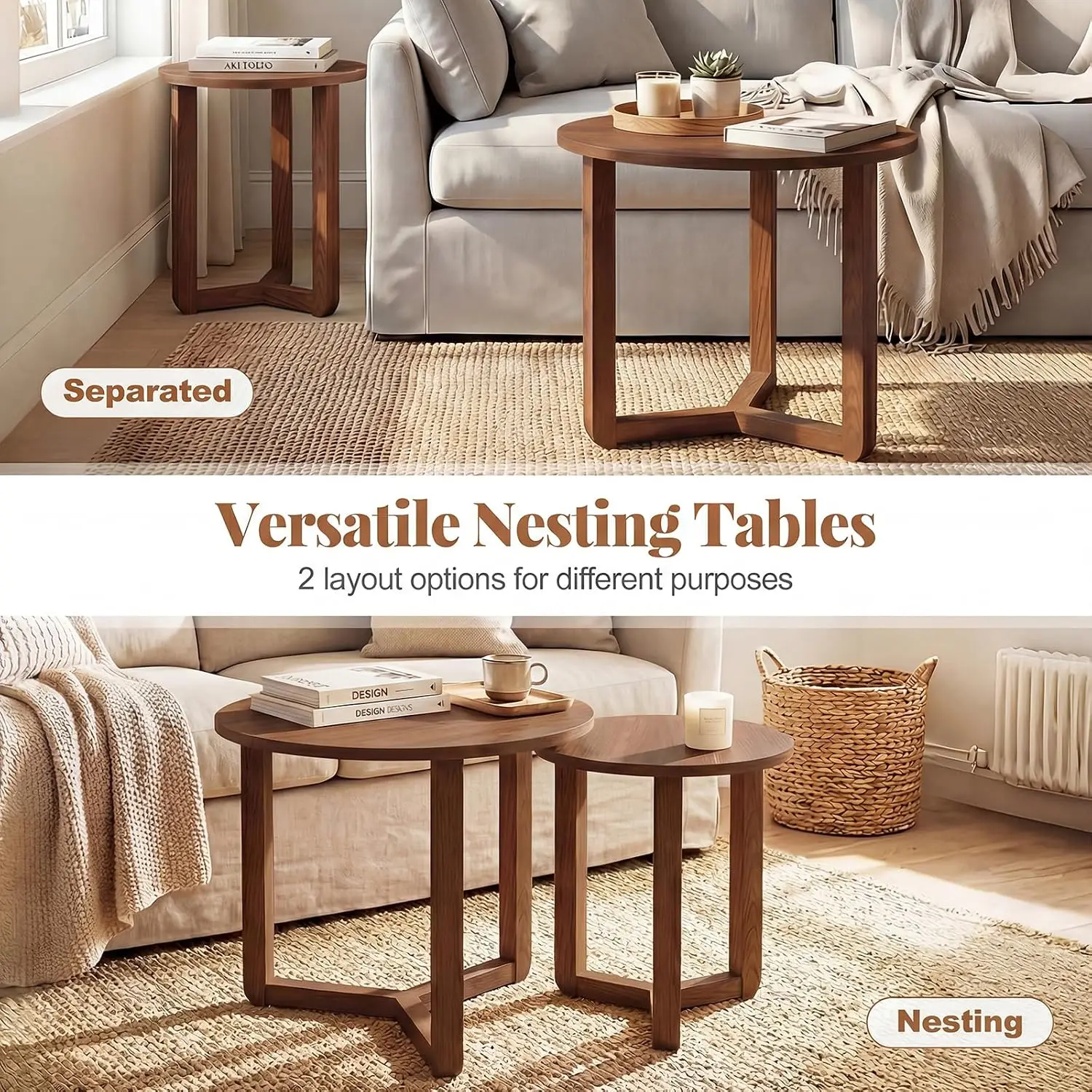 Round Nesting Coffee Table Set of 2, Wood End Tables, Walnut