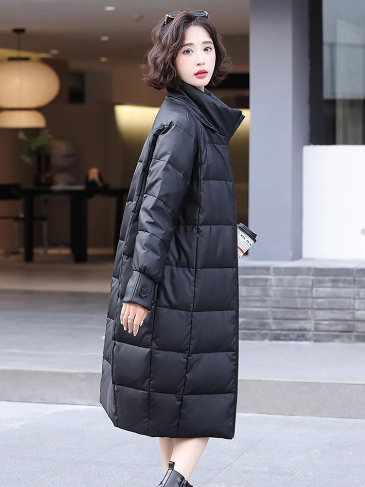 New Women Winter Long Leather Down Coat Fashion Real Fox FurCollar Wide-waisted Loose Down Coat Casual Thick Warm Overcoat