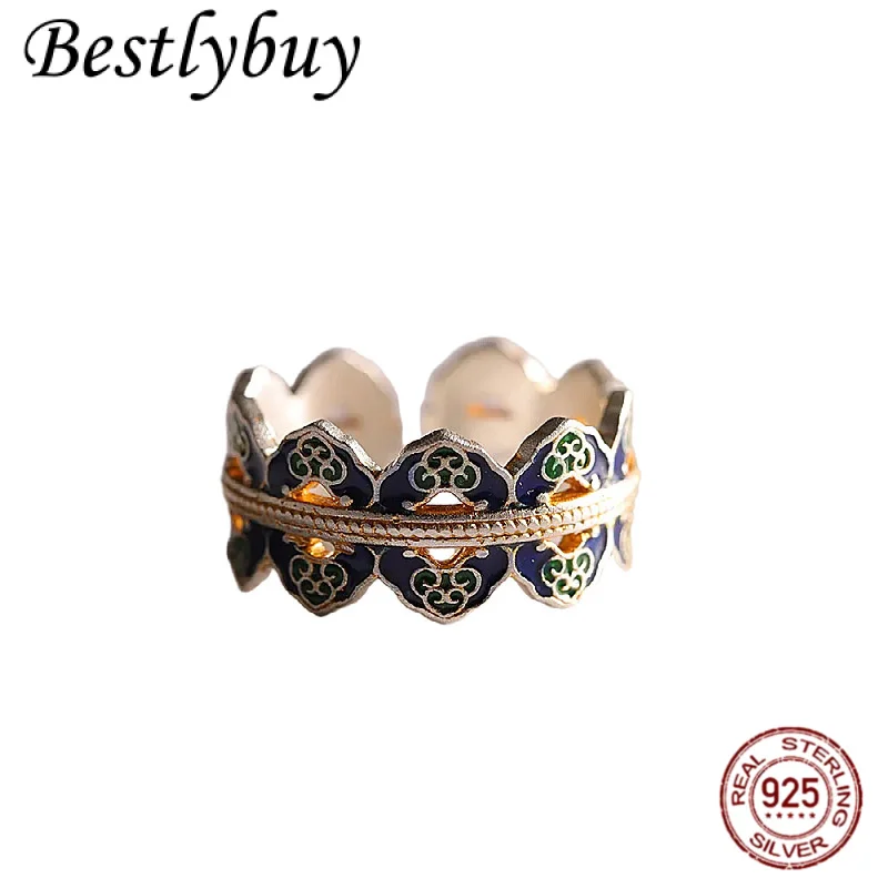 

НОВОЕ винтажное китайское уникальное ювелирное изделие ручной работы в этническом стиле, полностью серебряное кольцо с короной 999 пробы Ruyi Ran Blue Auspicious Cloud Ring