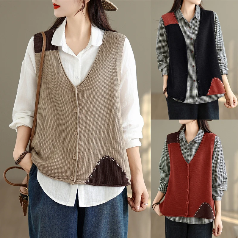 봄 가을 니트 스웨터 베스트 여성용 아우터웨어 다용도 레이어링 루즈핏 레트로 디자인 싱글 버튼 클로저