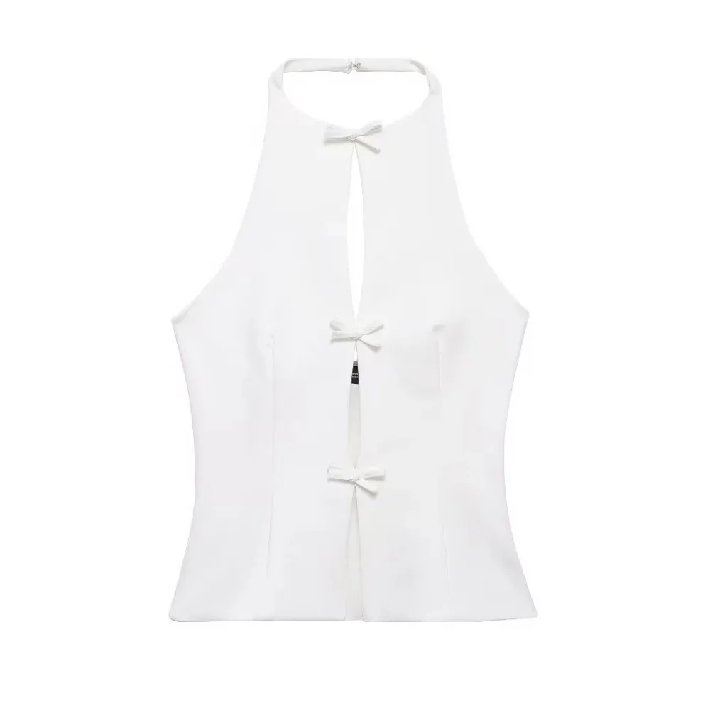 Europa, América 2025 Primavera y novedad de verano ropa de mujer decoración de lazo cuello Top pantalones cortos falda