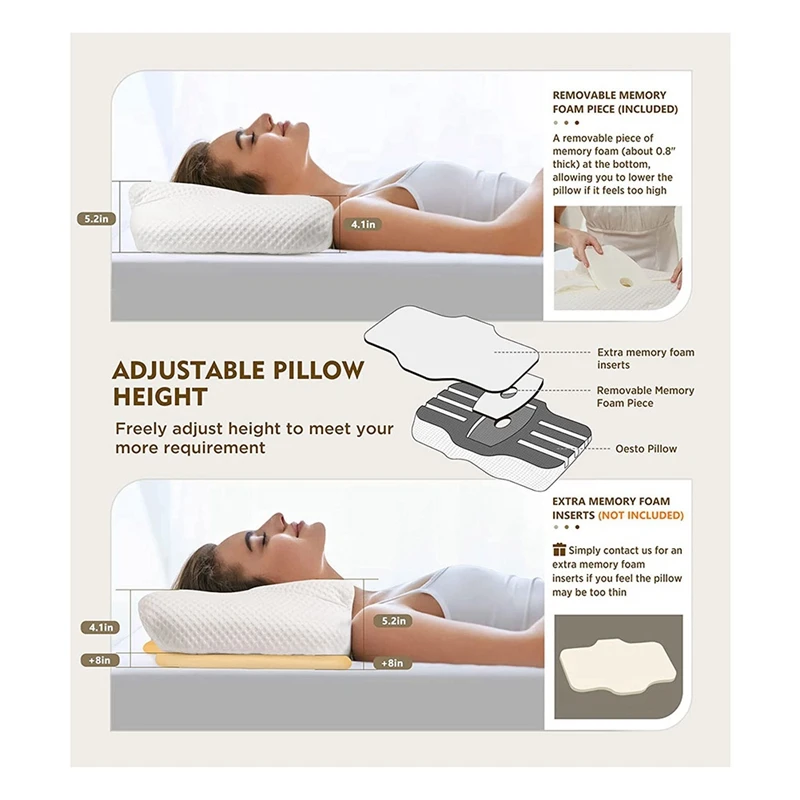 Adjustable Orthopedic Bed Pillow For Sleeping Contour Support For Side Back Stomach Sleepers With Cooling Case