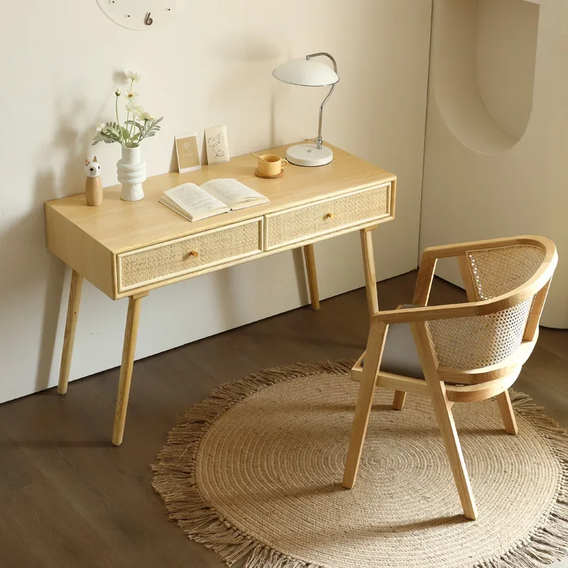 Nordic solid wood desk, Japanese desktop rattan writing desk, modern desk