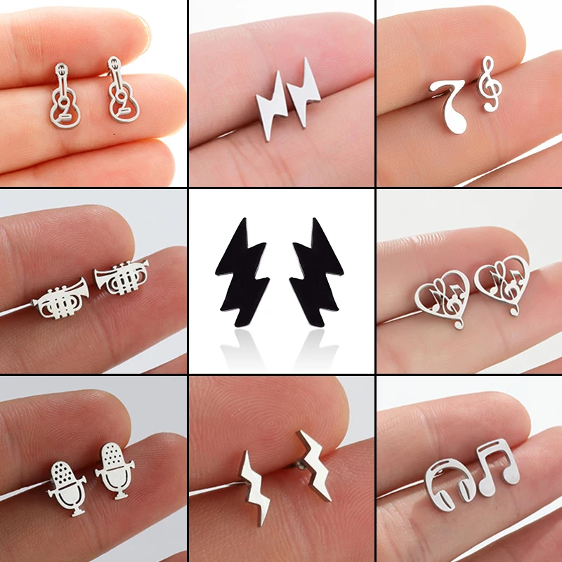 Hip-Hop Edelstahl Gitarre Mikrofon Ohrring für Frauen Musiknote Ohrschmuck Coole Mädchen Blitz Ohrringe Zubehör