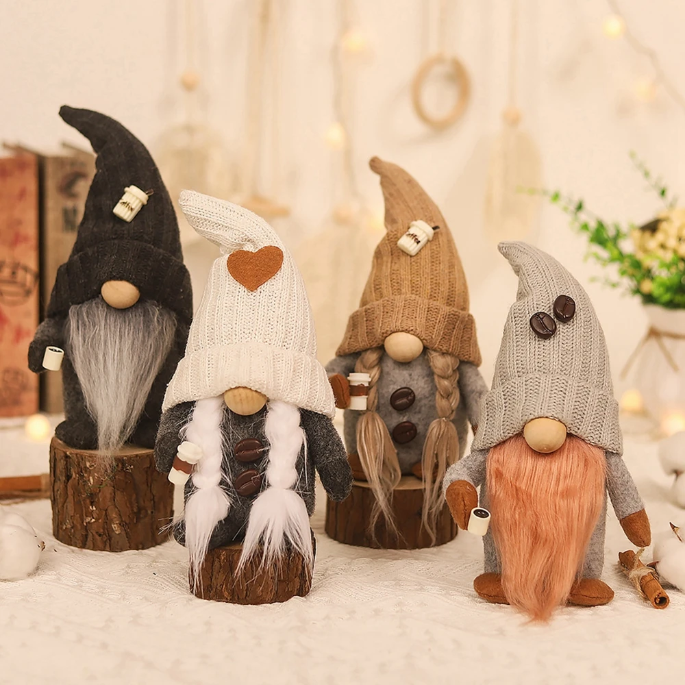 Cute Plush Coffee Gnome Dolls Knitted Faceless Doll Gnome Figurine Christmas Ornament Coffee Bar Decoration Kitchen Home Decor