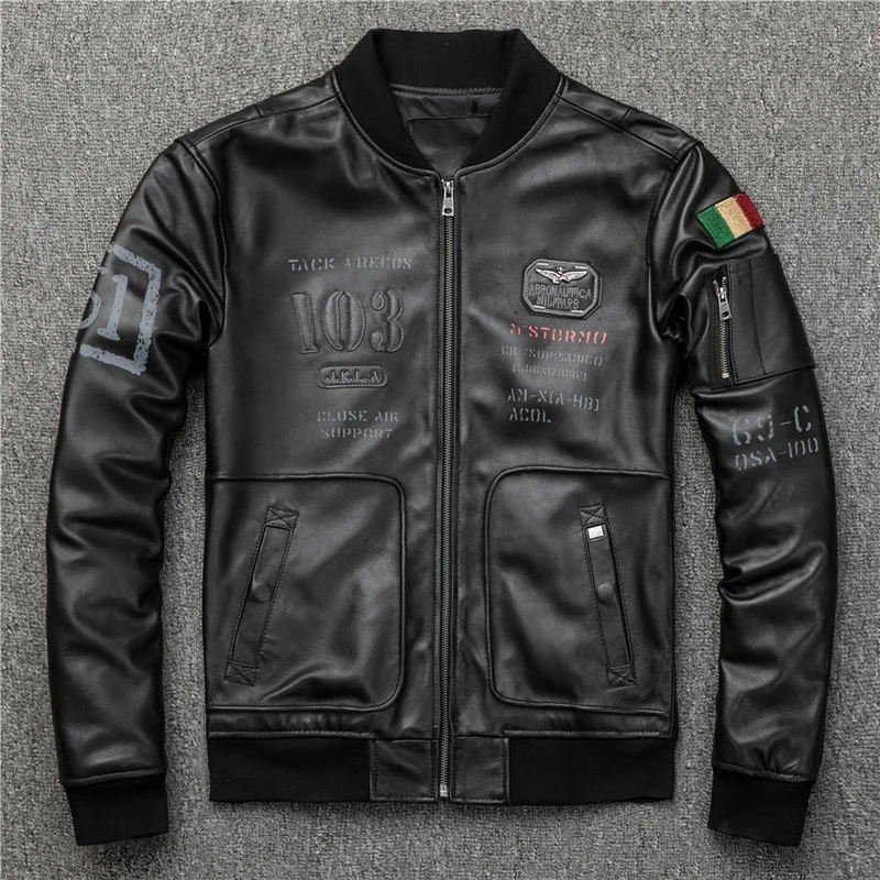 Military 2023 Black Men Style Pilot Leather Jacket Plus Size 3XL Real Thin Sheepskin Spring Slim Fit Aviator Natural Coat