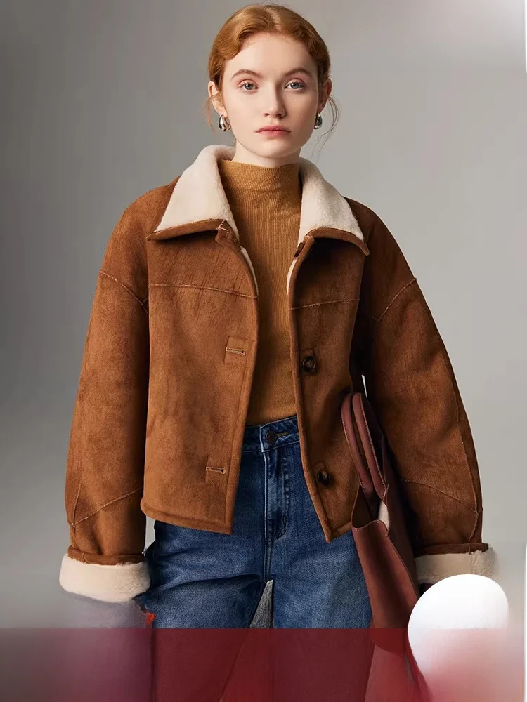 

Australian Lamb Fur Jaet Women ort Thiened Woolen Suede Winter Fur Coat Warm Comfortable Commute Sle Long Sve Coat