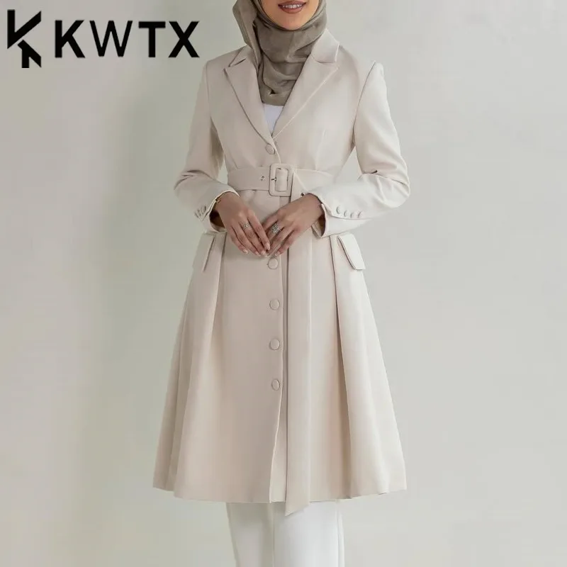 

KWTX 2025 Spring Summer Women's Trench Coat With Belt Lightweight Windbreaker Jacket Casual Elegant Office To Street Outerwear