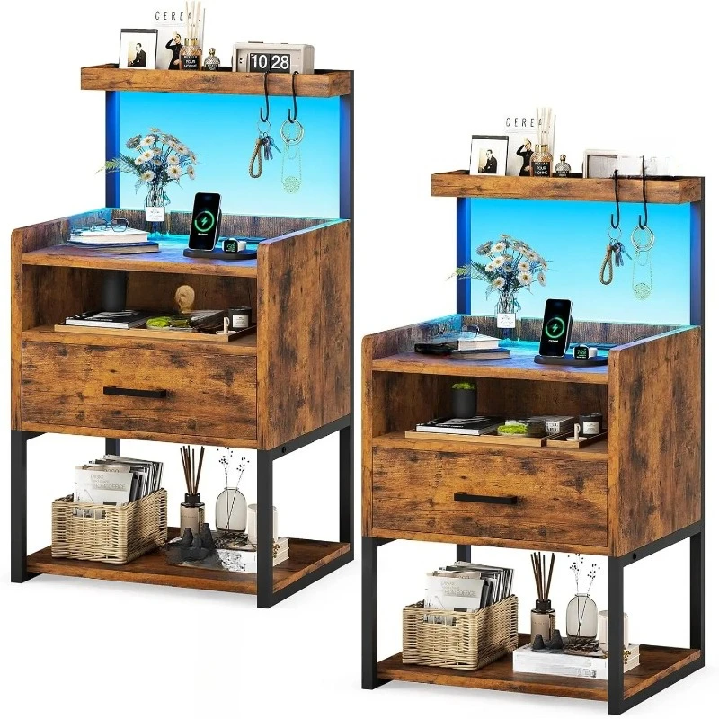 Nightstand Set of 2 with Charging Station, Rustic Brown Bedside Tables with Drawer & LED Light, USB Ports, Easy Assembly