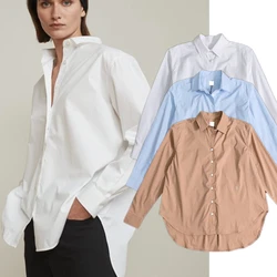 Withered Nordic Minimalist Style Cotton Loose Fitting Shirt For Women Blouse Tops 2024 Solid Color Spring Long Sleeved Shirt