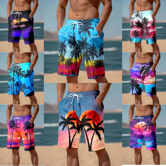 Men\'s Hawaiian Style Beach Themed Shorts 3D Sunset Pattern Print Casual Outdoor Short Pants Summer Vacation Cool Swimming Shorts