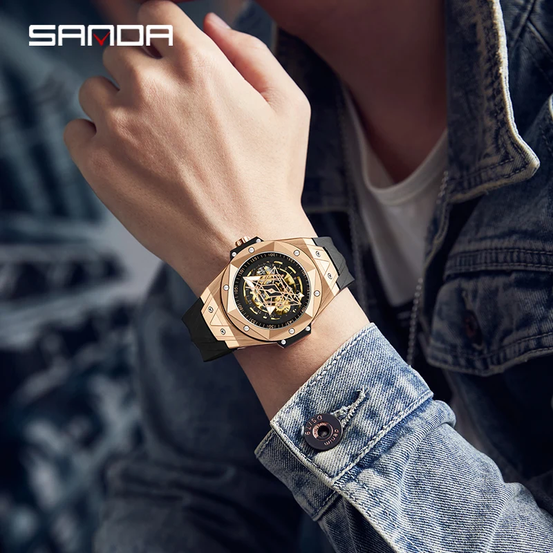 SANDA Luxury Watches For Men Automatic Mechanical Watch 30M Waterproof Rubber Strap Male Wristwatch Hollow out design dial