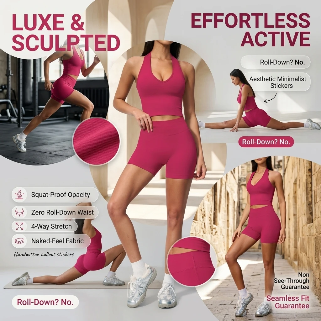 LUXE Yoga Set Halter Bra & Scrunch Butt Shorts 2 Piece Ribbed Seamless High Waist Gym Activewear Luxury Designer Premium Set