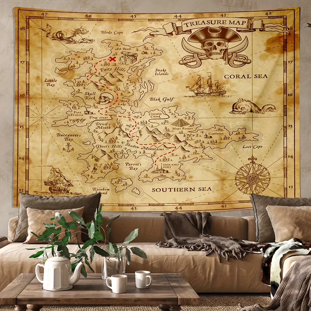 VIKAMA Vintage Pirate Treasure Map Tapestry Old Nautical Chart Wall Hanging for Living Room