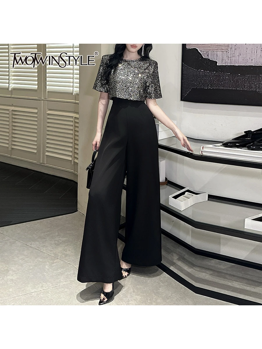

TWOTWINSTYLE Hit Color Slimming Spliced Sequins Fake Two Piece Jumpsuits for Women O Neck Short Sleeves Fashion Jumpsuit Female