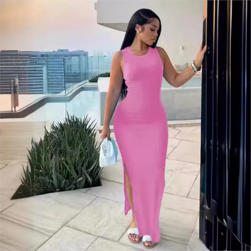 Abiti lunghi da donna sexy Abito estivo casual senza maniche con gilet Abito aderente da festa con spacco alto Abito tinta unita Femme