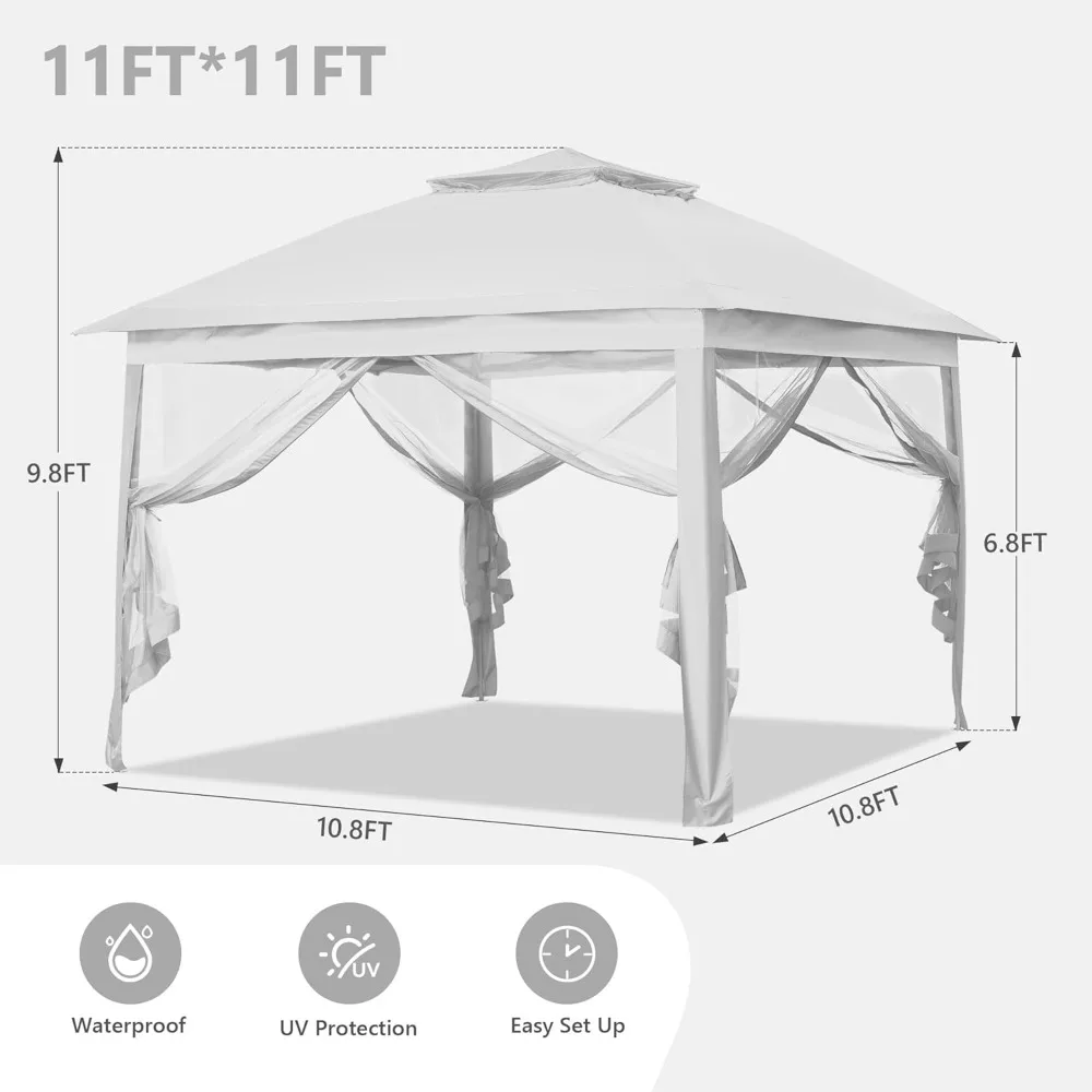 خيمة بمظلة منبثقة مقاس 11 × 11، مظلة خارجية مع شبكة، شرفة خارجية للفناء الخلفي، خيمة مع حقيبة بغطاء بعجلات، أبيض. #5