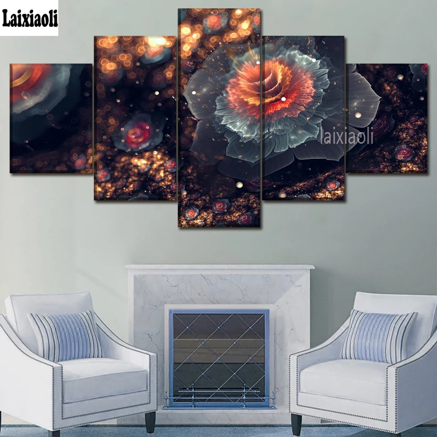 

diy diamond painting 5 Panel Fantasy Flowers For Living Room Home Decor 5d Diamond Embroidery Abstract Cross Stitch kits mosaic