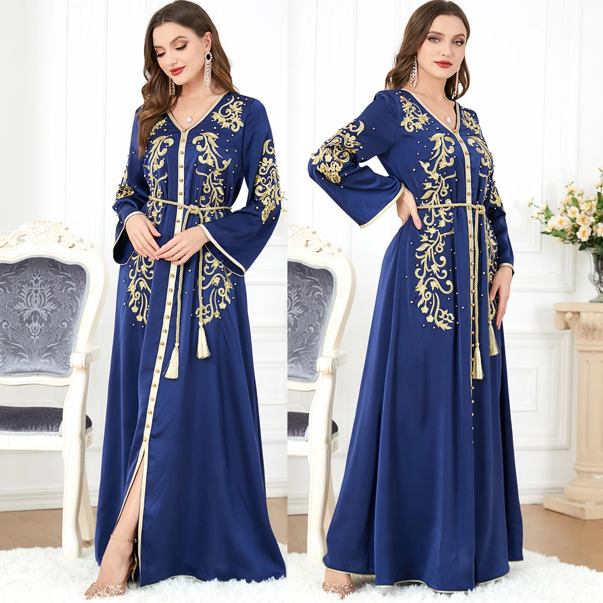 Gaun Maroko Wanita 2023 Ruffle Muslim Abaya Mode Dubai Abaya Bordir Belted Kaftan Gaun Pesta Elegan Vestidos Musim Semi