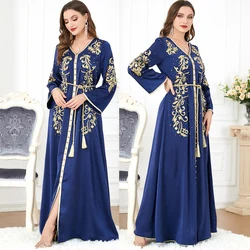 Robe musulmane à volants avec ceinture brodée pour femmes, abaya marocaine, caftan de Dubaï, robes de soirée élégantes, mode éducative, printemps, 2023