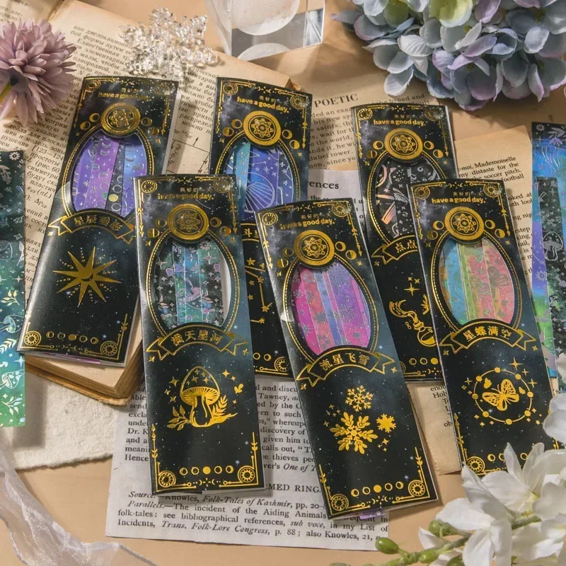 Starry Reach Series Washi Tape Roll 6 Celestial Designs, 20 Pcs Decorative Journal Borders Timeline Stickers