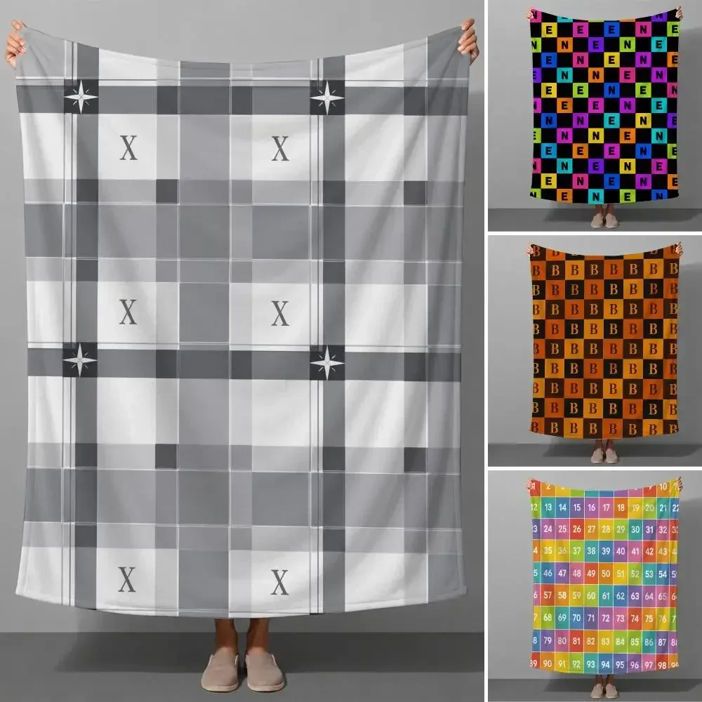 Grid Letter Alphabet Typography Checkered Graphic Pattern Throw Soft Flannel Throw Blanket Warm for Couch Bed Sofa Cozy Gift