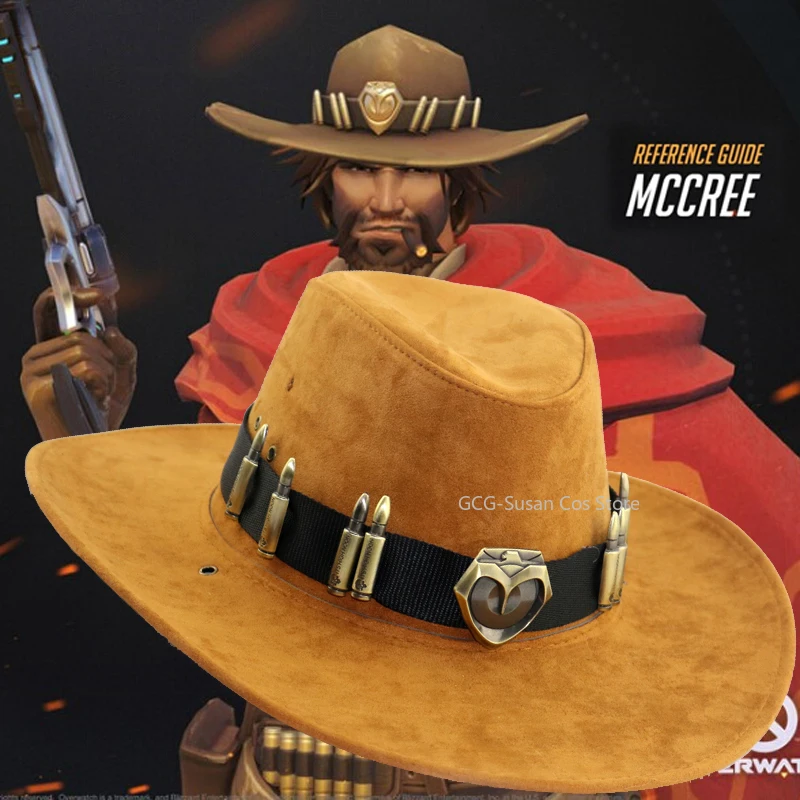

OW McCree Cole Cassidy Реплика Ковбойская шляпа Overwatch Металлический значок Мягкая полиэфирная ткань Регулируемый ремешок Косплей Костюм Опора