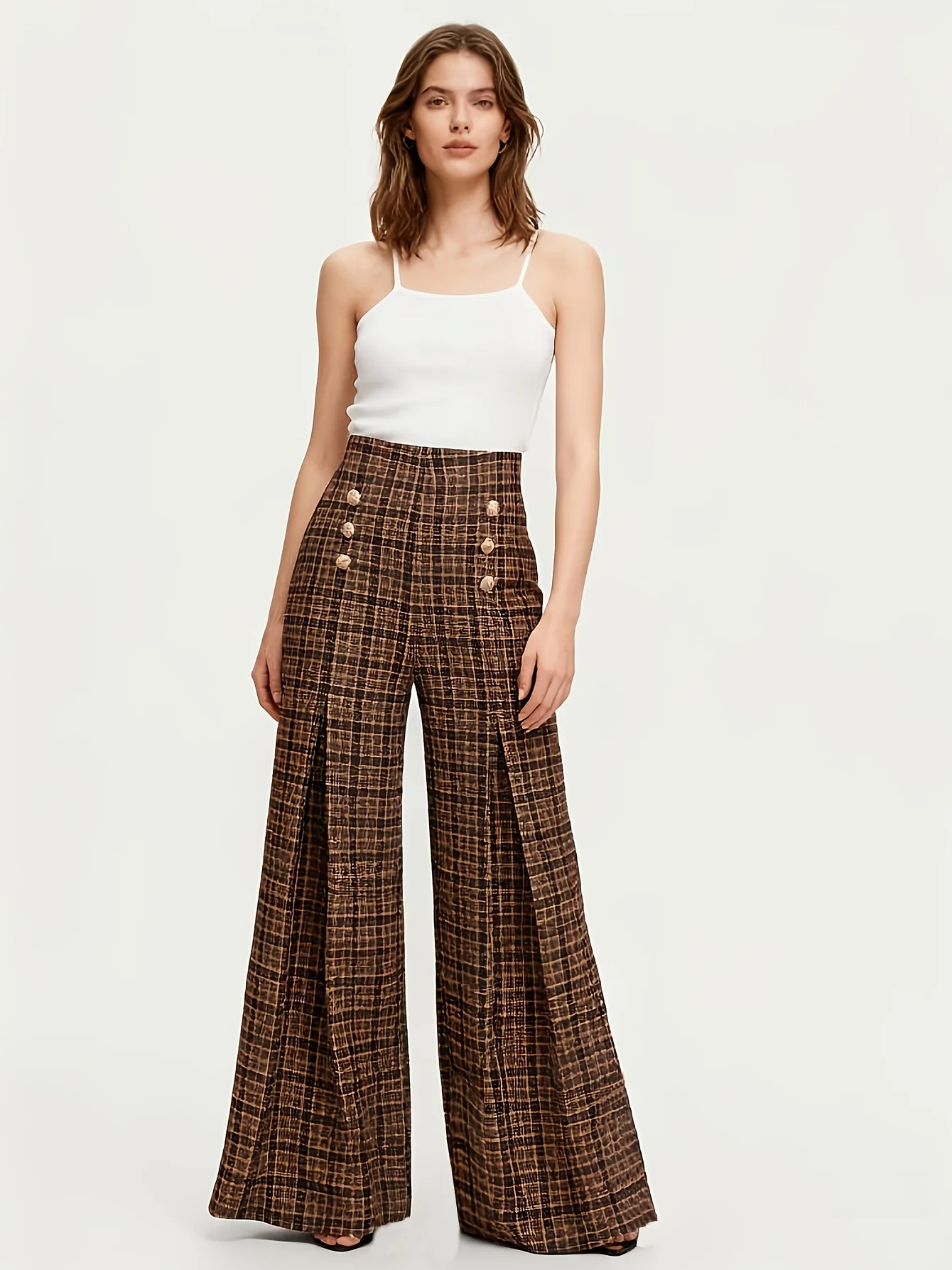 Simple Women Plaid Trouser Double Breasted Front Pleated High Waist 1 Piece Long Flared Pants For Daily Commute Customized