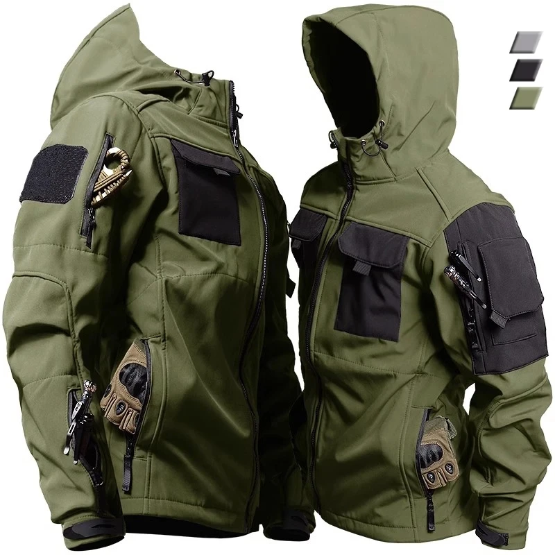 Shark Skin Tactical Jackets Men Hiking Soft Shell Waterproof Windproof Hooded Jacket Outdoor Functional Uniforms Multi-pockets