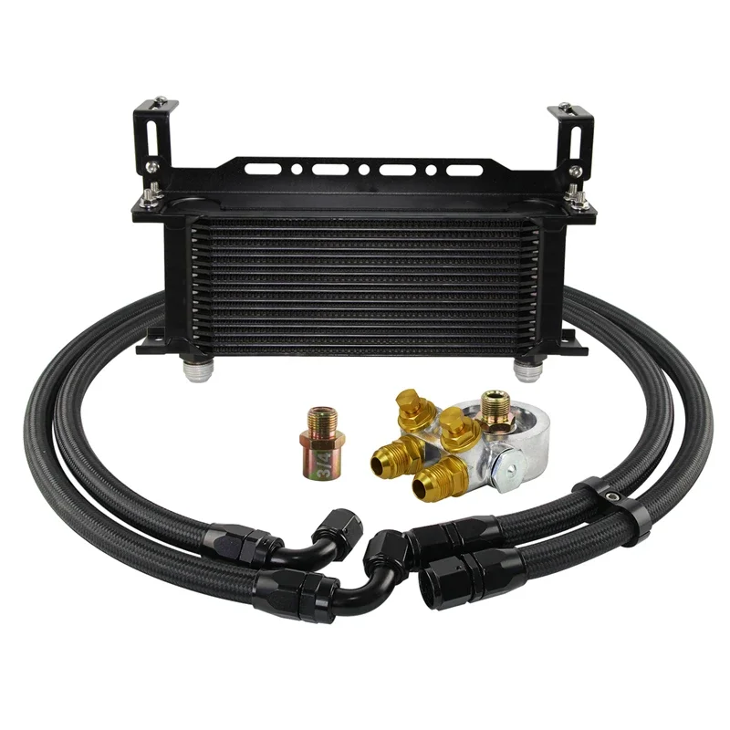 

Oil Cooler Universal 16 Row +AN10 Oil Adapter w/Thermostat +Braided Hose Line Kit Silver / Black