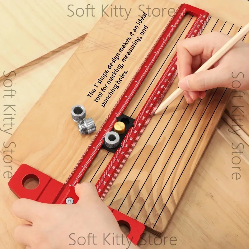 Woodworking 2 in 1 Drilling Positioning Marking Ruler Aluminum Scriber Marking T Square Dowelling Jig with 6/8/10mm Drill Sleeve