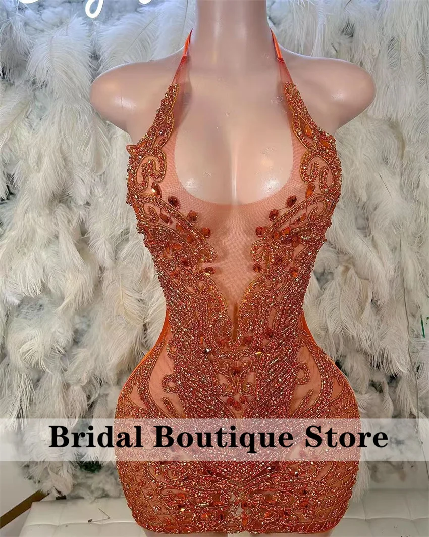 

Glitter Orange Diamonds Prom Dresses Halter Beads Rhinestone Crystal Senior Birthday Cocktail Party Homecoming Vestidos De Gala