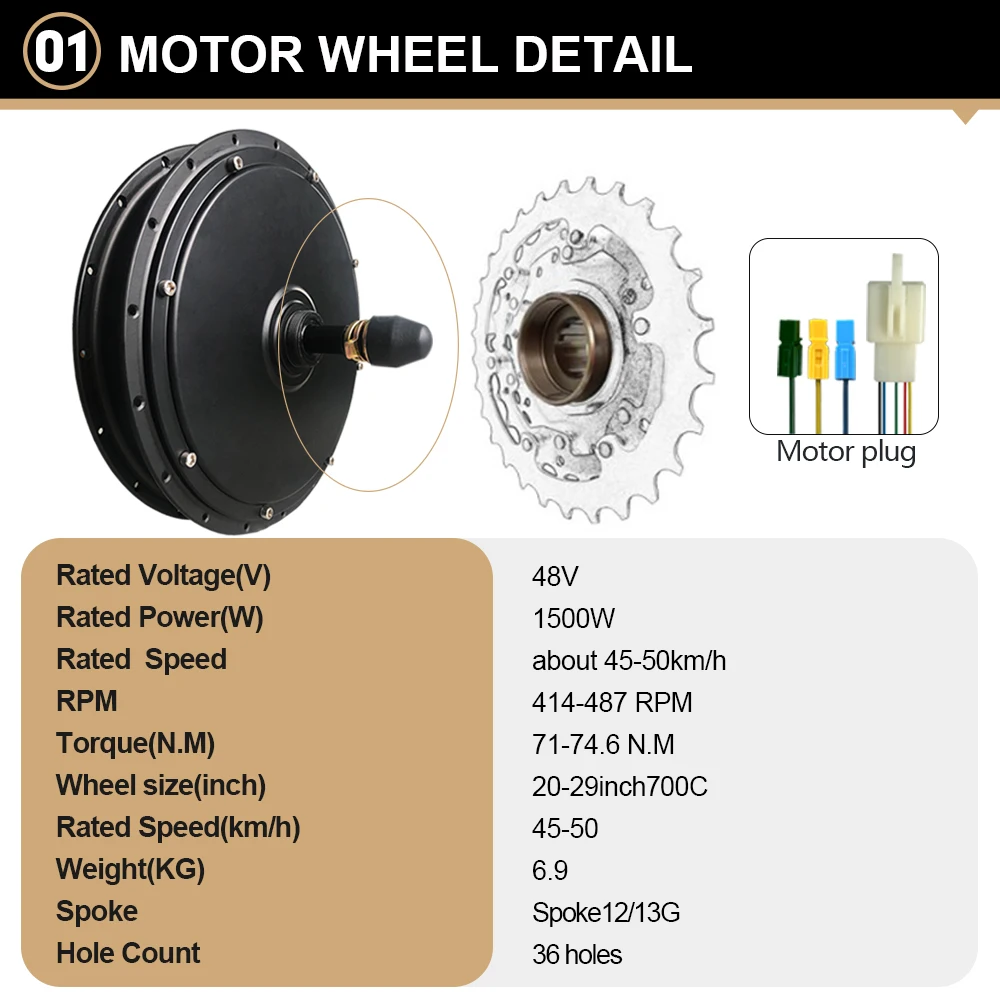 Hub Motor Ebike Kit 48V1500W Gearless Brushelss Motor Rear Rotate 20-29 Inch 700C