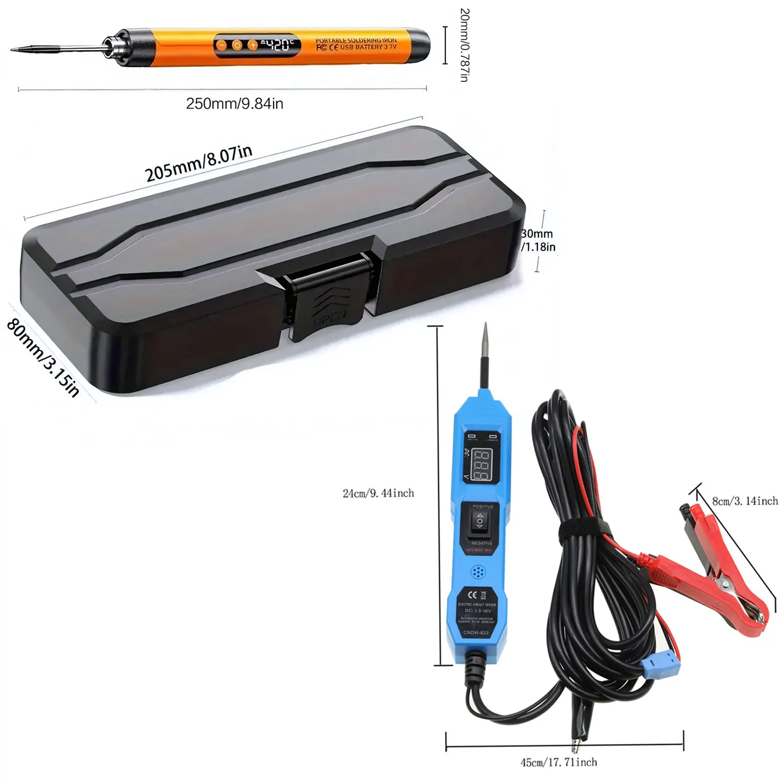Digital Auto Circuit Tester (12V/24V, LCD). Paired with Rechargeable Mini Soldering Iron (Adjustable Temp), Perfect for Electrical Diagnostics & Electronics Repair.