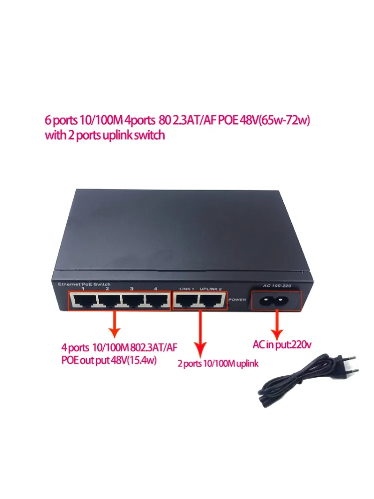 

6ports 10/100M 4 ports poe 802.3at/af 48v (65w-72w) with 2 port uplink for cctv camera ip cameras ethernet switch