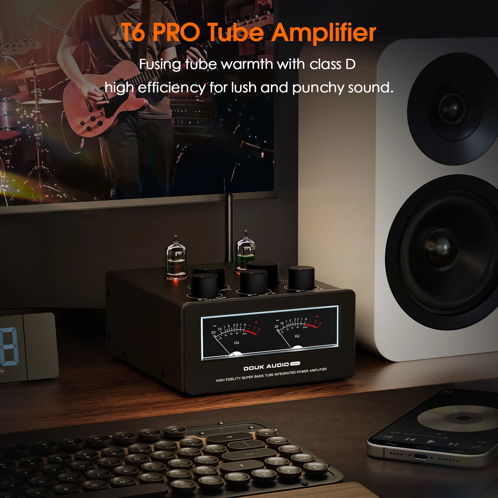 Douk Audio T6PRO HiFi JAN5725 Amplificador de tubo de vácuo Receptor Bluetooth TPA3255 Amplificador de potência com medidor VU 300W + 300W